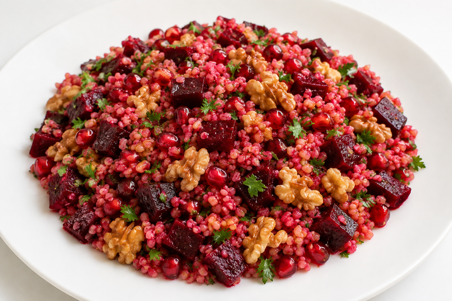 Beet and bulgur salad with walnuts and pomegranate