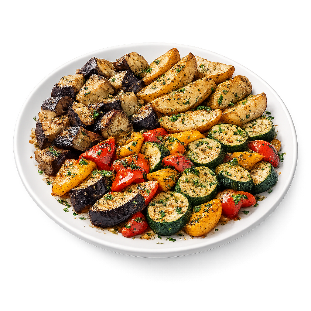 Oven-roasted mixed vegetables with garlic yogurt or tomato sauce
